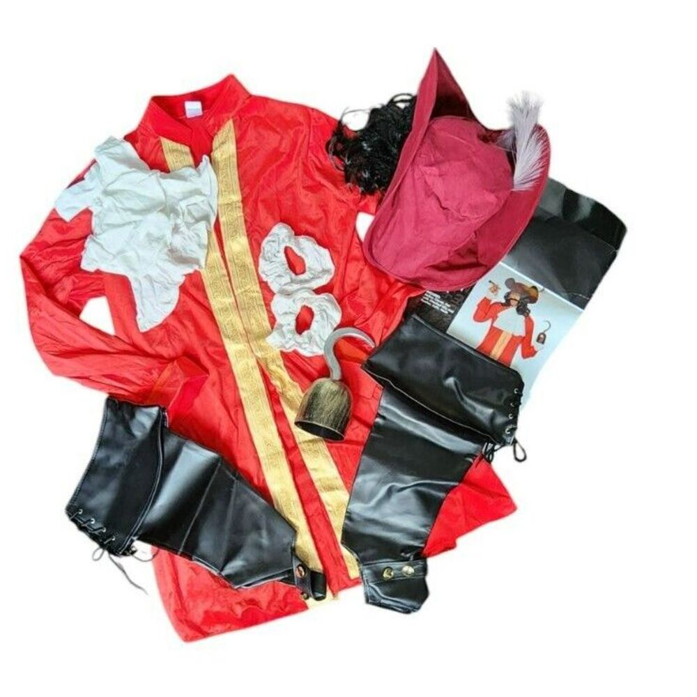 Disney Spirit Halloween Captain Hook Adult Costume XL Red Jacket Hat Hook Wig